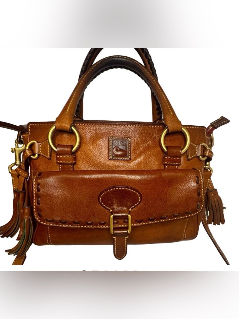 Dooney & Bourke Florentine Leather Satchel with Brass Hardware Cognac Brown